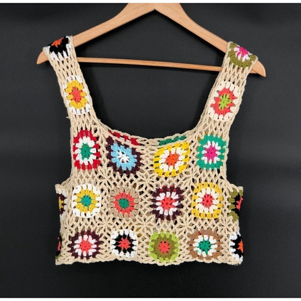 Womens Crochet Granny Square Crop Top S Festival Boho Chic Retro Hippie Bohemian